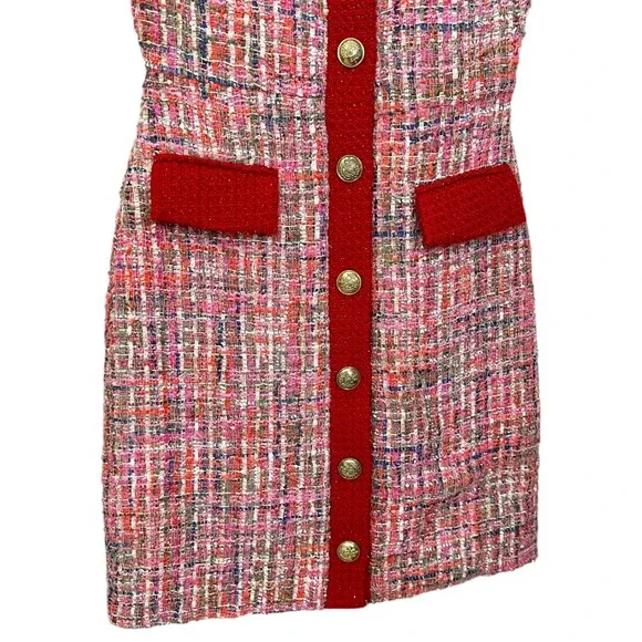 Alexia Admor Tweed Mini Dress Pink Red Sequin Gold Button Front Size 2 - Picture 4 of 9